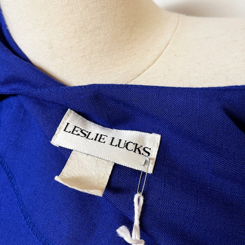 Leslie Lucks Vintage 80s Cobalt Blue Pink Bow Peplum Jacket and Skirt Set Small - Picture 7 of 7